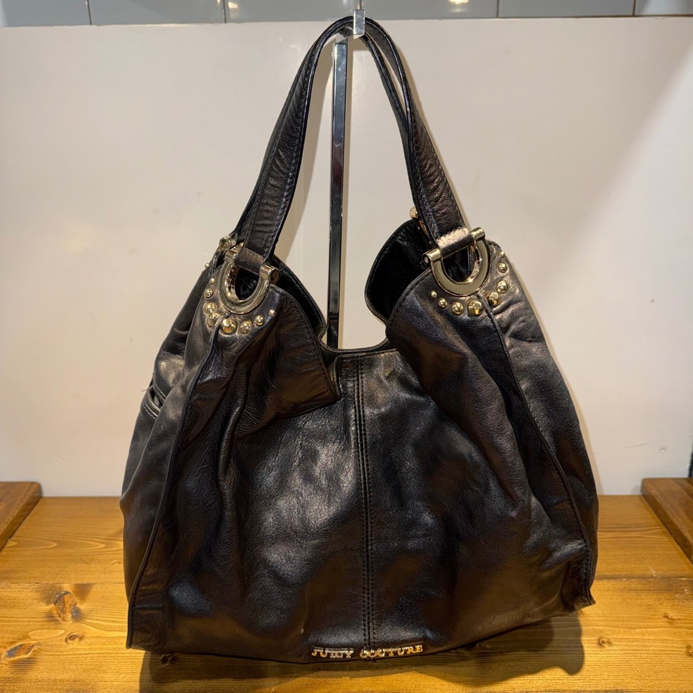 Juicy Couture Black Leather Studded Hobo Shoulder Bag Gold Hardware Y2K Large